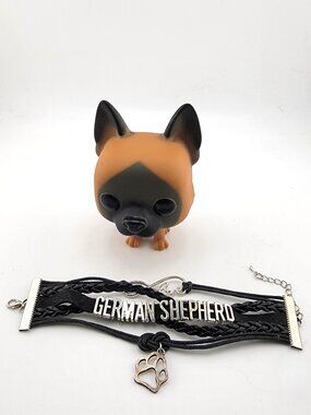 German Shepherd Bracelet Black Faux Leather Paw Charm Multi Strand Dog Lover Jew